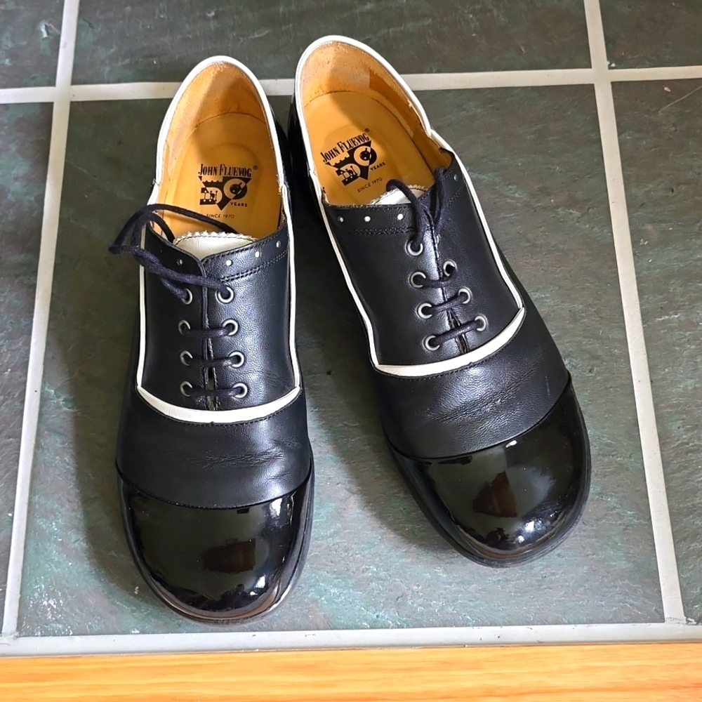 John Fluevog Black and White Lace-Up Flats